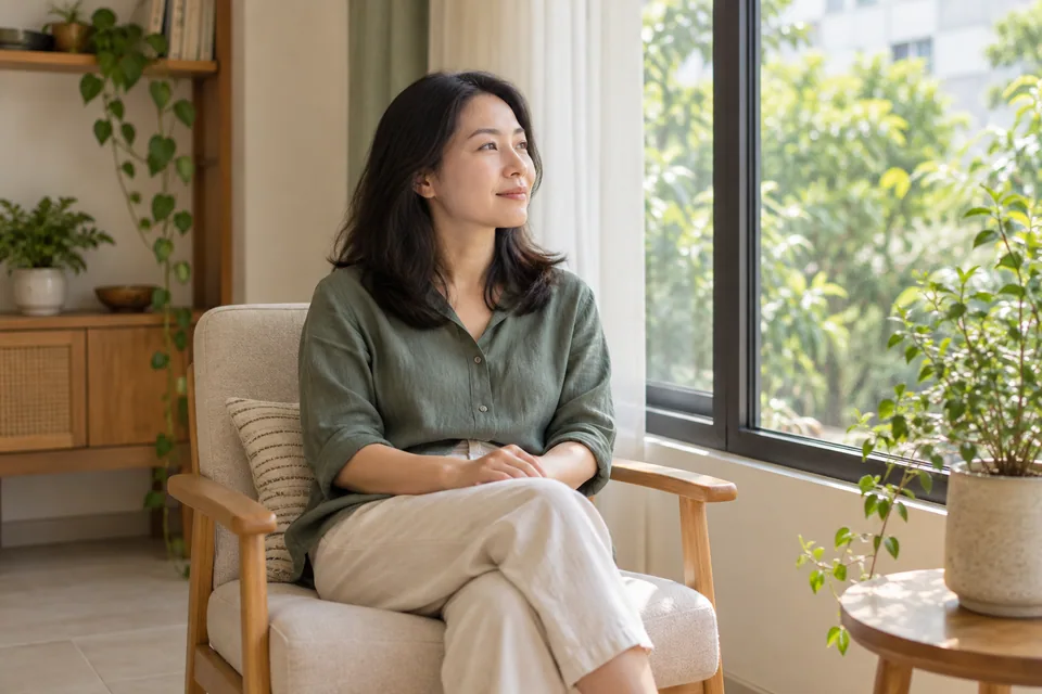 Một người ngồi bên cửa sổ và nhìn ra cây xanh.