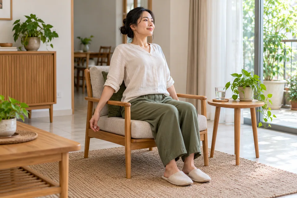 Một người nhẹ nhàng duỗi vai sau khi ngồi nghỉ; ly nước đặt bên cạnh.