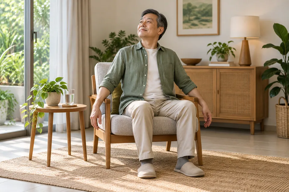 A person stretching gently after a seated pause.