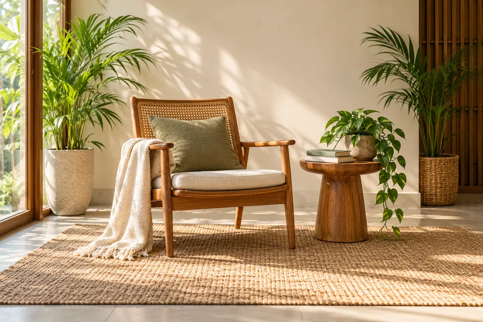 A welcoming reading corner with books and a plant.