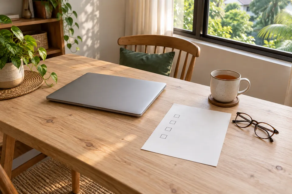 A closed laptop, paper with four checkboxes, glasses and a cup sit on a wooden table.