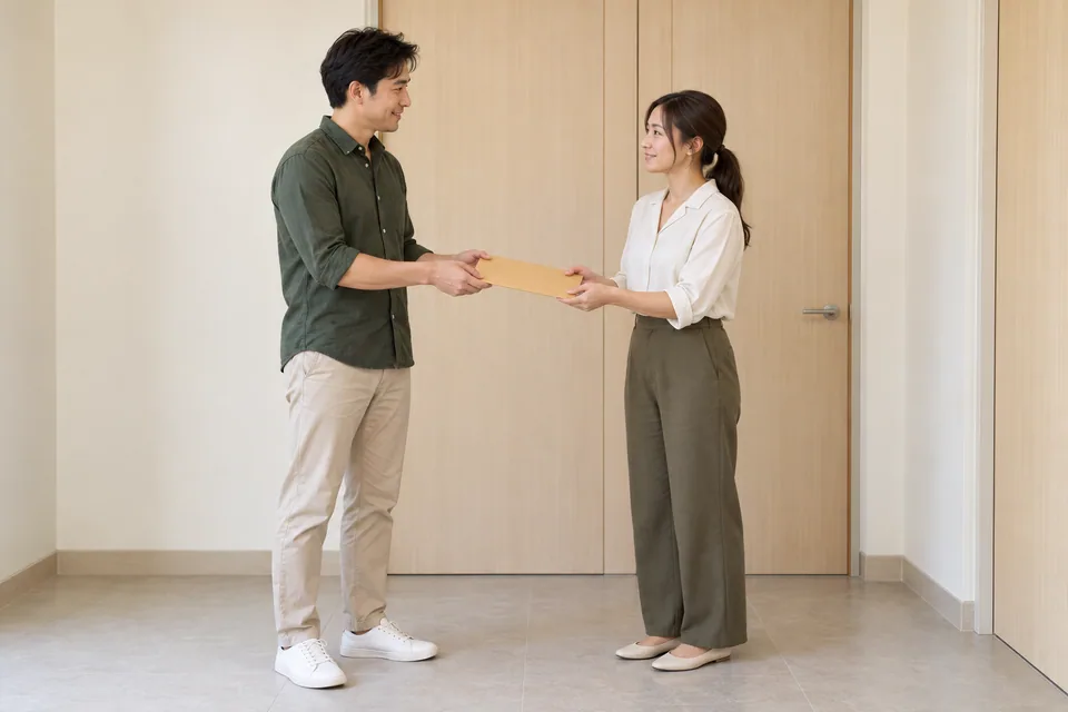 ผู้ชายส่งซองเอกสารให้เพื่อนร่วมงานในทางเดิน
