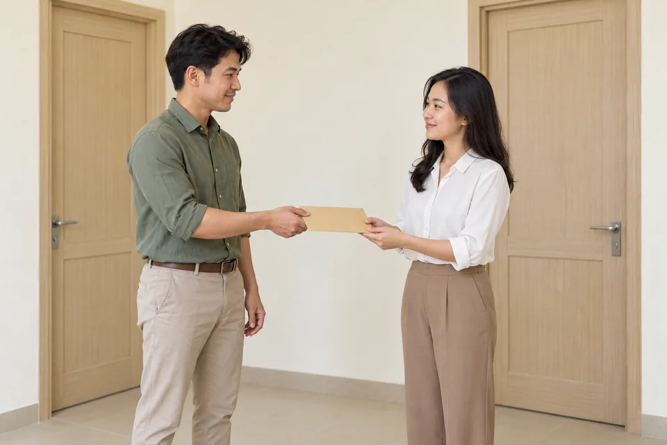 Một người đàn ông trao phong bì đóng cho đồng nghiệp ở hành lang.