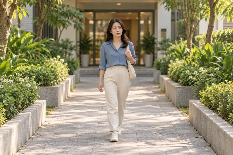 Một phụ nữ đi trên lối vườn từ lối vào tòa nhà căn hộ.