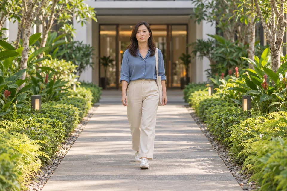 A person stepping from a corridor toward a garden.