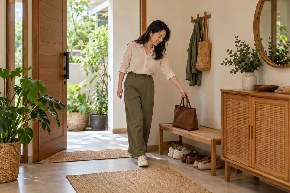 A person setting down a bag beside shoes at home.