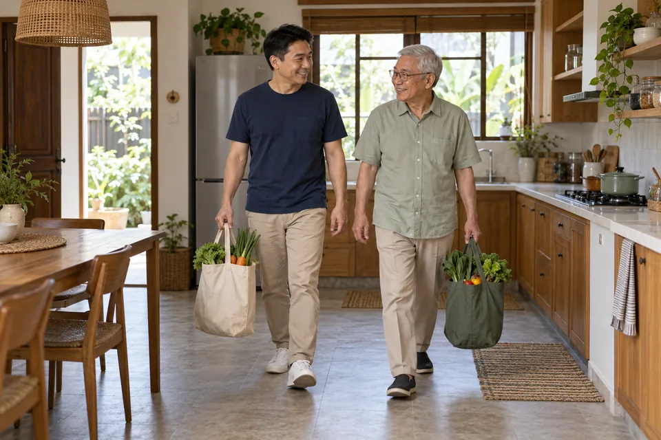 Two family members carrying grocery bags into a kitchen together.