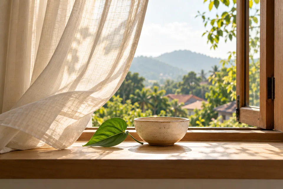 A light curtain moving beside an open window.
