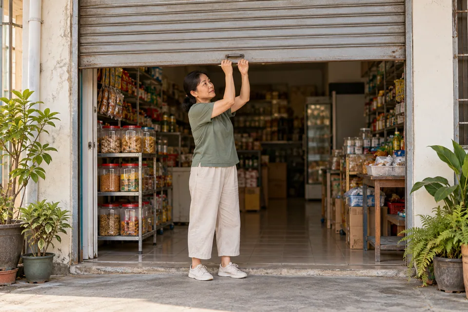 A shopkeeper closing a plain shop shutter.