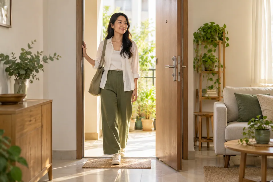 Một người đứng ở cửa mở, đặt một tay lên khung cửa.