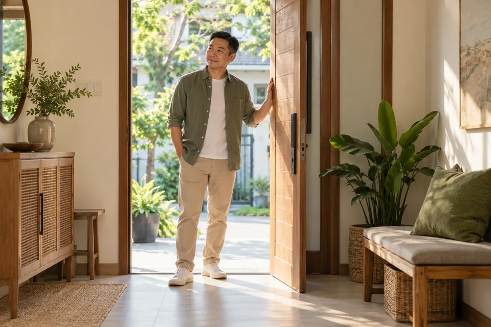 A person pausing at a doorway in morning light.