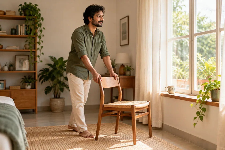 நாற்காலியைச் சன்னலருகில் நகர்த்தும் ஒருவர்.