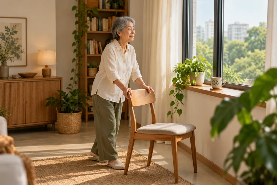 A person moving a chair toward a window.
