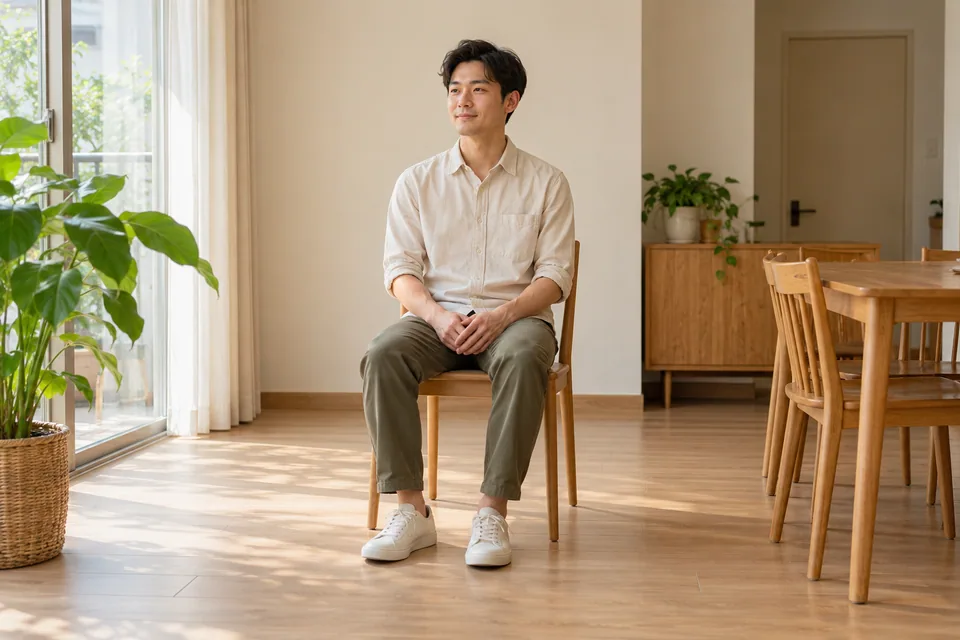 A person seated on a plain chair with feet flat and hands resting in their lap.