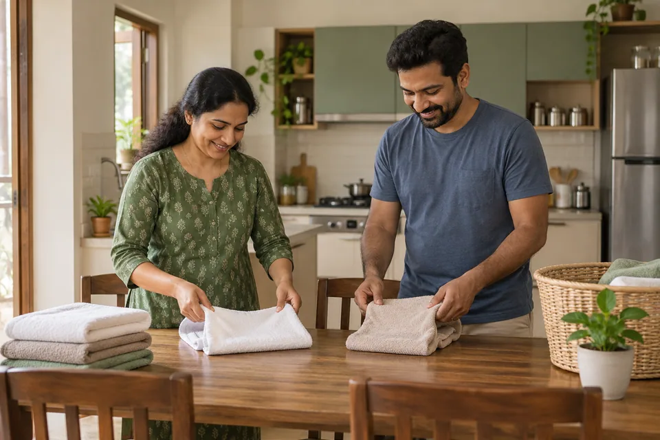 சுத்தமான துண்டுகளை ஒன்றாக மடிக்கும் இருவர்.