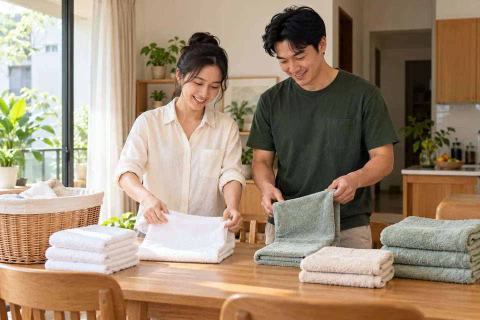 Hai người lớn cùng gấp khăn sạch trên bàn.