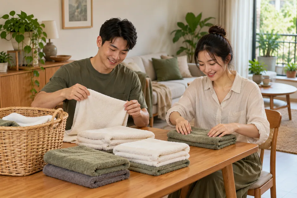 Two people folding clean towels together.