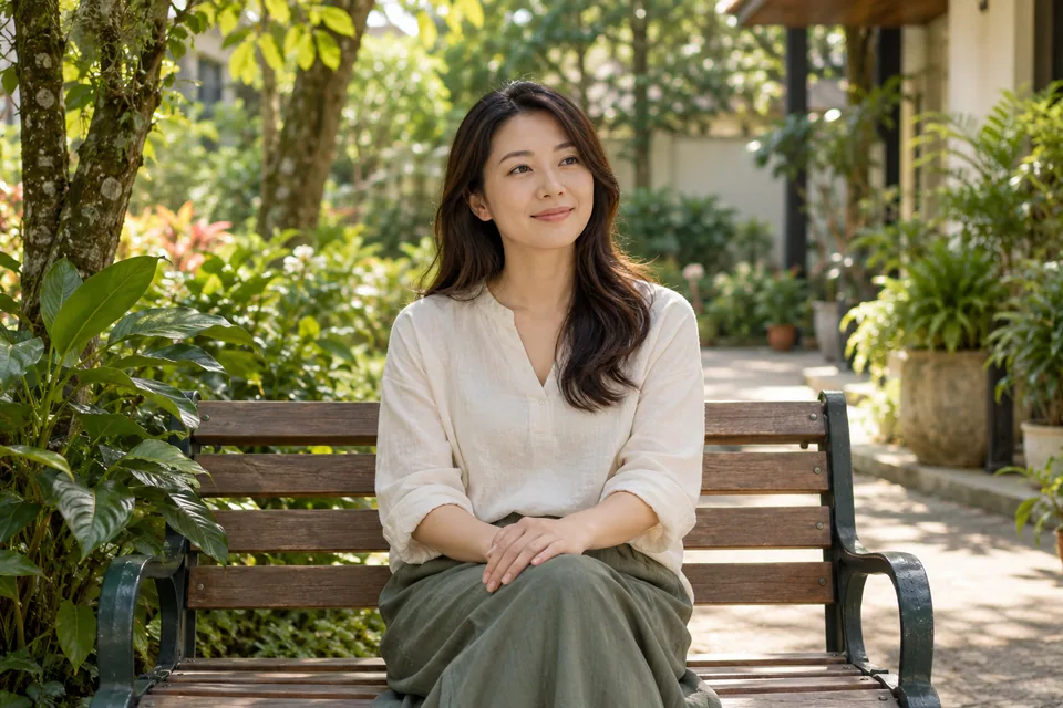 A person taking a reflective pause on a garden bench.