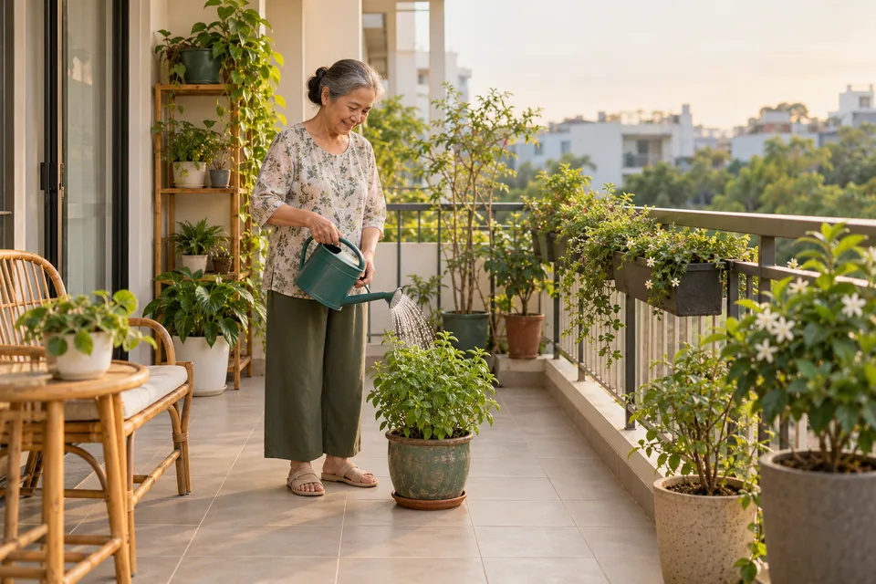 Một phụ nữ tưới chậu cây trên ban công.