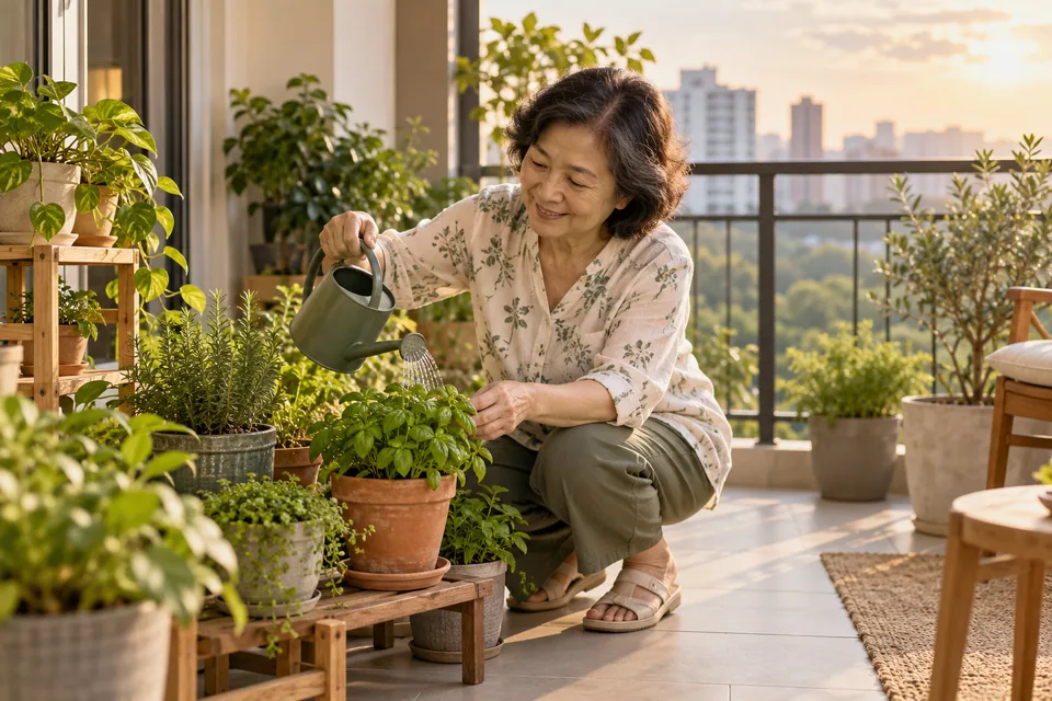 A person watering a small potted plant on a balcony.