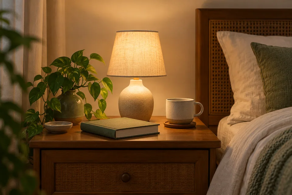 A reading lamp, book and cup arranged for a quiet evening.