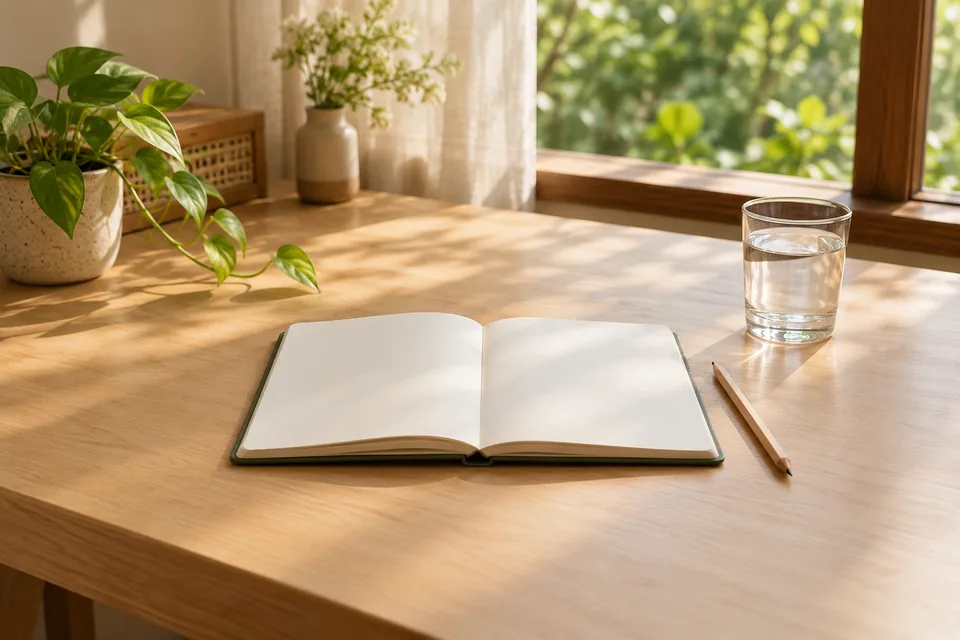 A notebook and pencil on a clear desk beside a window.