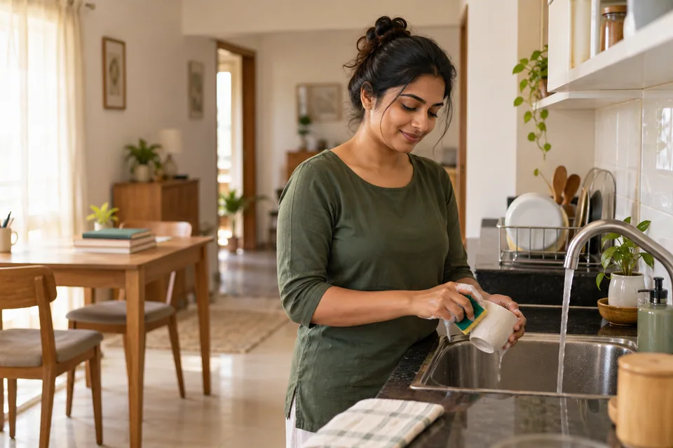 படிப்பின் இடைவேளையில் கோப்பையைக் கழுவும் ஒருவர்.