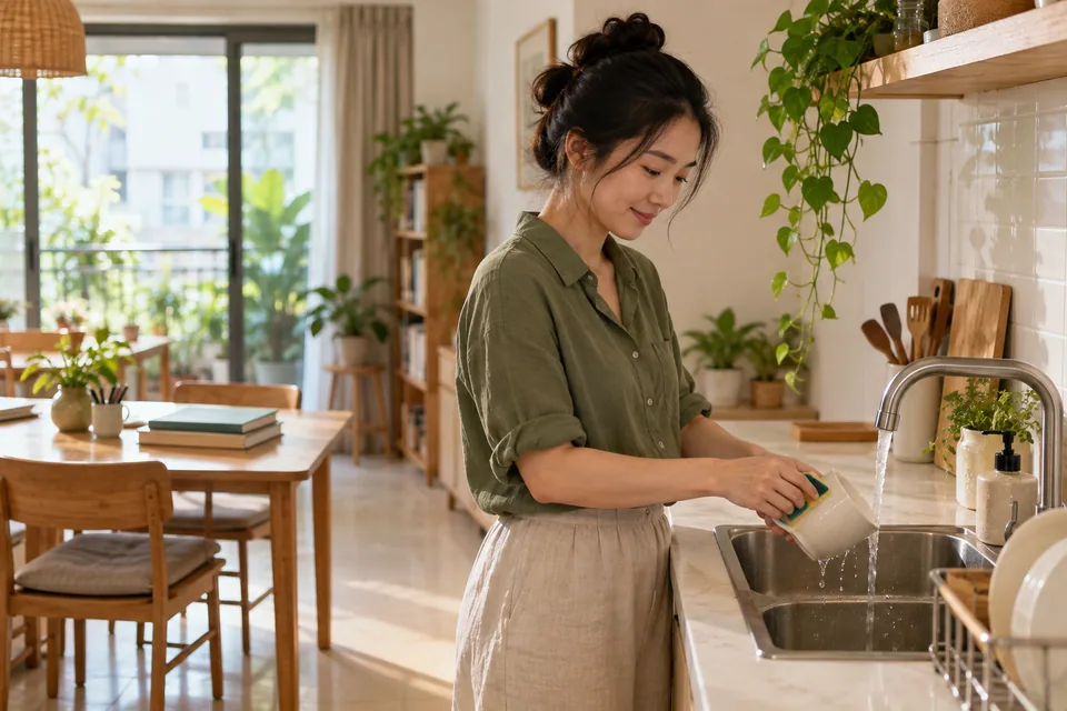 Một phụ nữ rửa chiếc cốc ở bồn bếp; sách đóng đặt trên bàn phía sau.