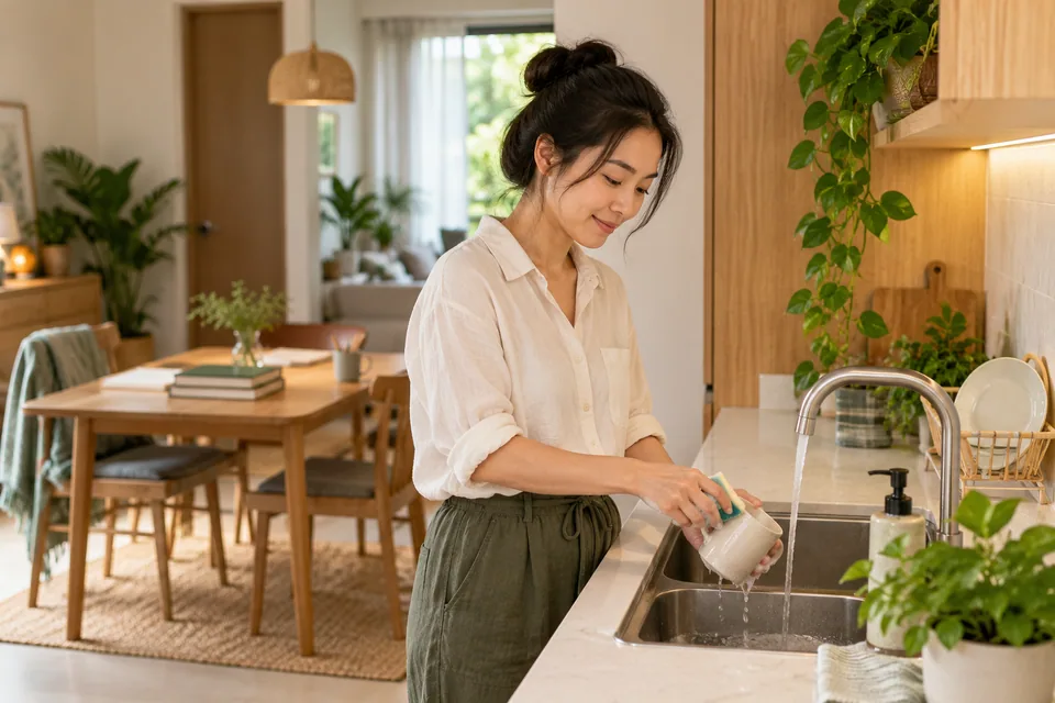 A person washing a cup during a study break.