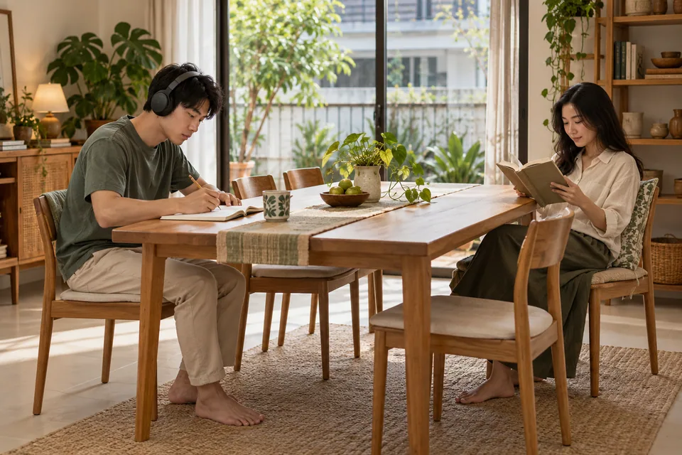 Two people using separate ends of a shared table.
