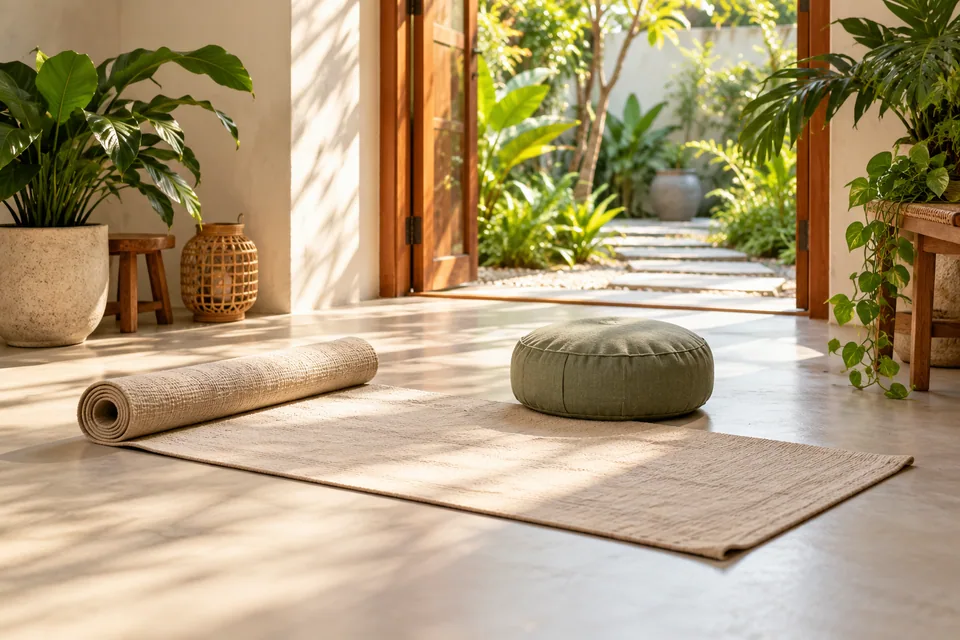 A meditation mat and cushion ready for a fresh start.