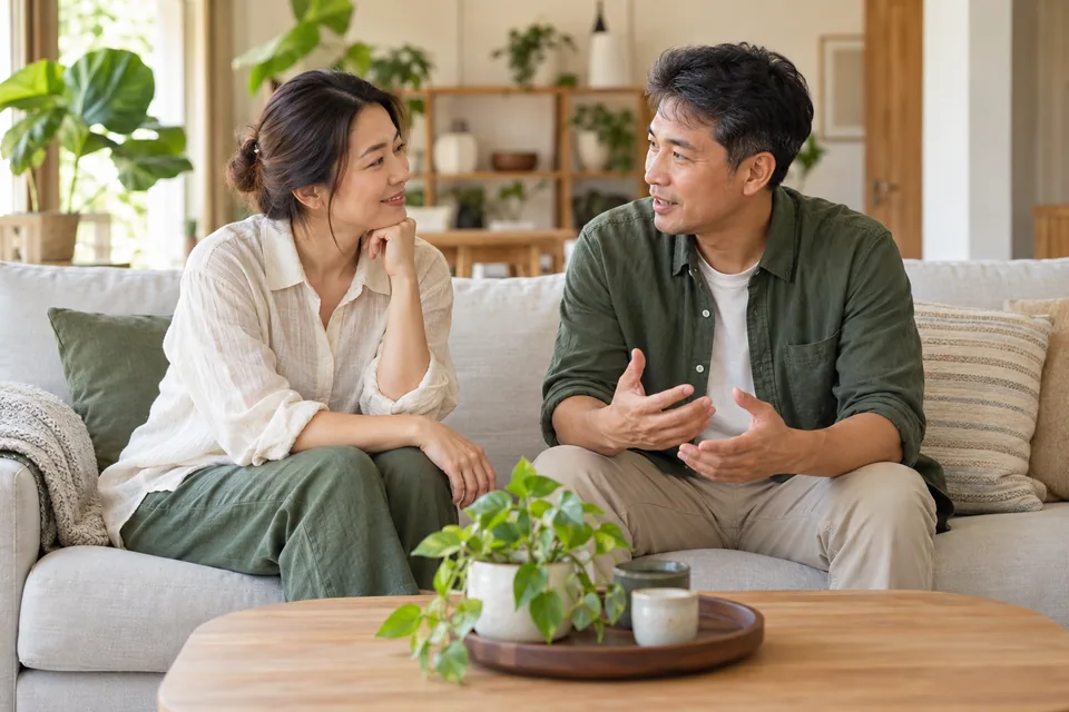 คนสองคนนั่งพูดคุยและรับฟังกันในห้องนั่งเล่น