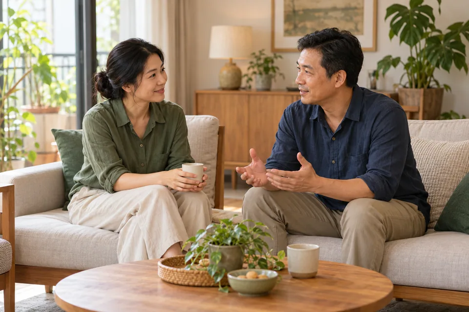 Hai người ngồi đối diện và trò chuyện bình tĩnh.