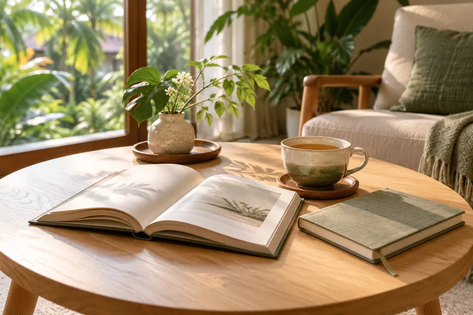 An open book, a notebook and a cup of tea on a reading table.