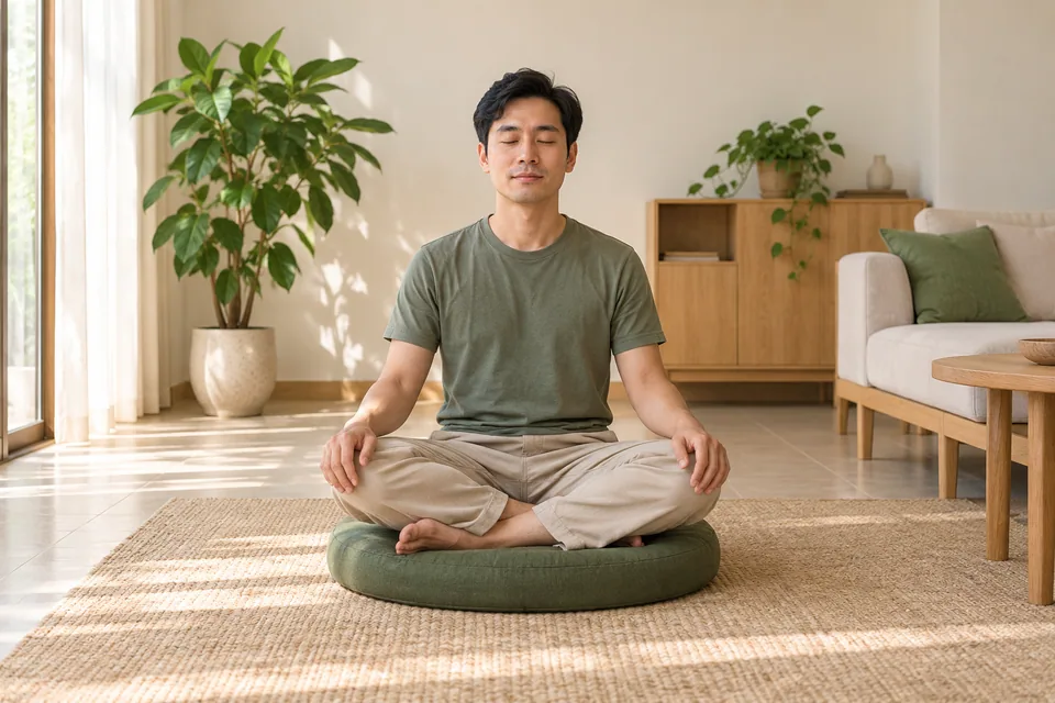 Một người ngồi nhắm mắt trên đệm trong phòng khách sáng.