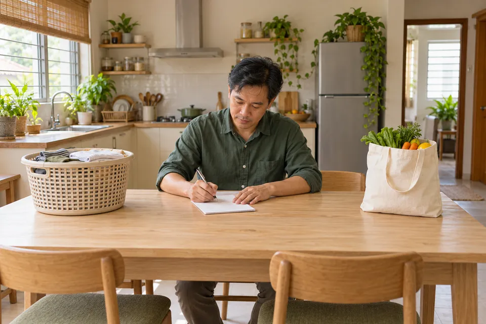 A man writes on paper at a kitchen table beside a laundry basket and a bag of vegetables.
