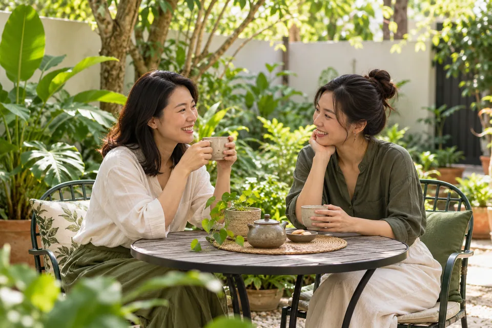 Two friends enjoying a conversation at a garden table.