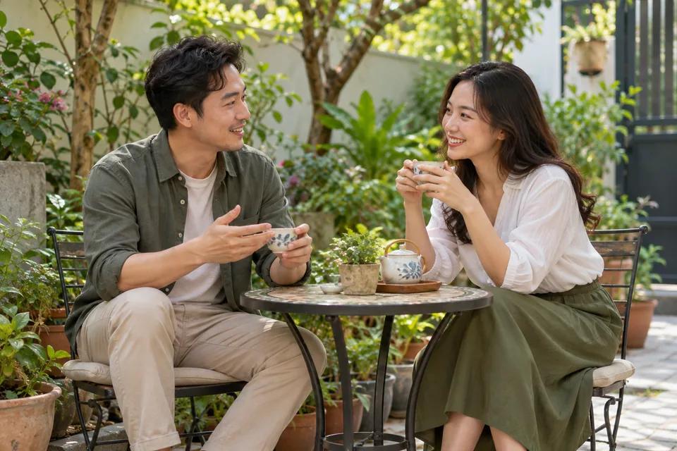 Hai người bạn trò chuyện bên chiếc bàn nhỏ trong vườn.