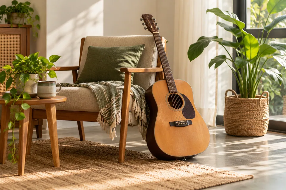 An acoustic guitar beside a chair in daylight.