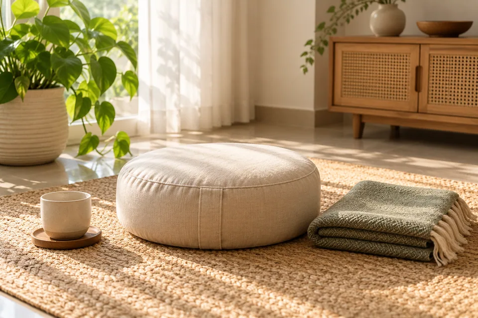 A meditation cushion and folded blanket in a quiet corner.