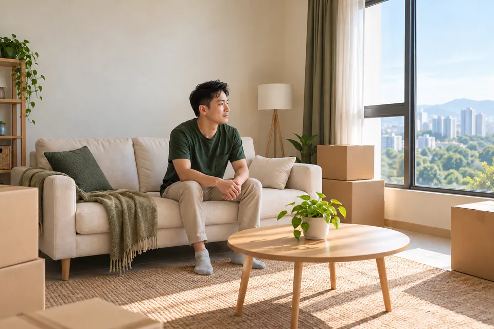 Một người đàn ông ngồi trên ghế sofa cạnh các thùng giấy và nhìn ra cửa sổ.