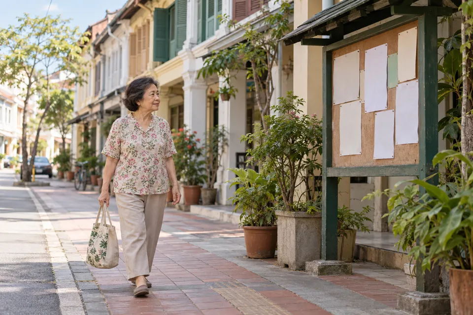 An older woman carrying a cloth bag walks past a noticeboard and a row of shophouses.