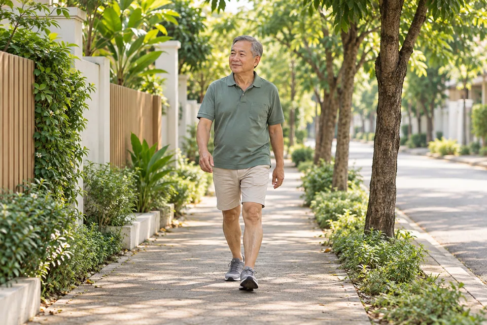 ผู้ชายสูงอายุเดินสบาย ๆ บนทางเท้าที่ร่มรื่นในย่านพักอาศัย