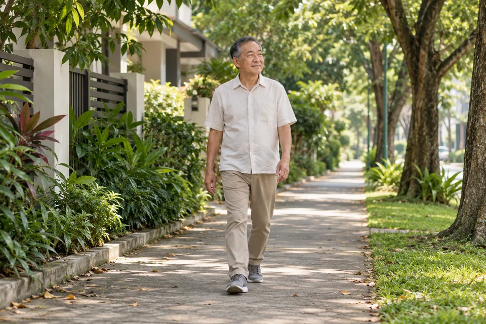 A person walking along a shaded residential path.