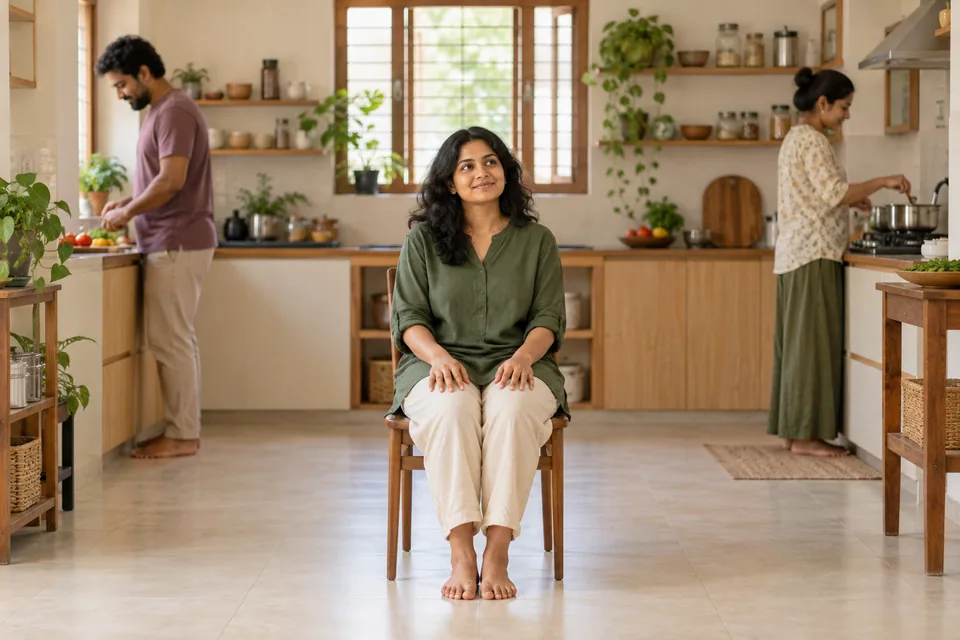 பின்னணியில் இருவர் உணவு தயாரிக்கும்போது அமர்ந்து ஓய்வெடுக்கும் ஒருவர்.