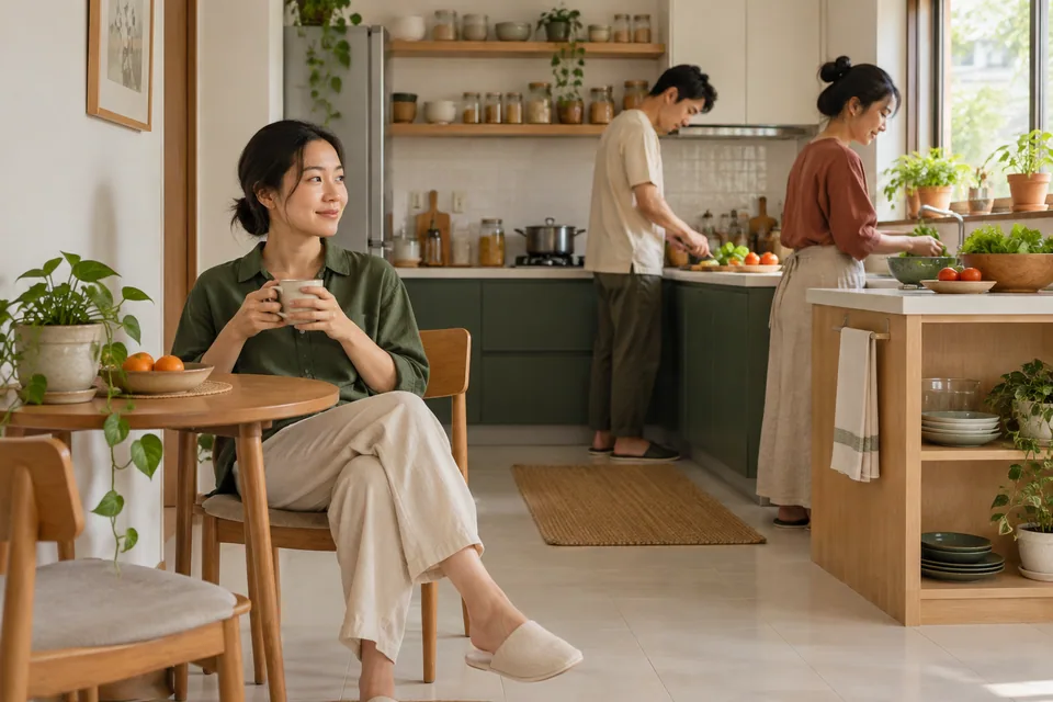 Một người ngồi trong góc bếp khi hai người lớn khác chuẩn bị thức ăn phía sau.