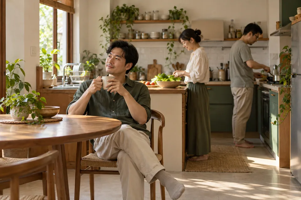 A person taking a seated pause in a shared kitchen.