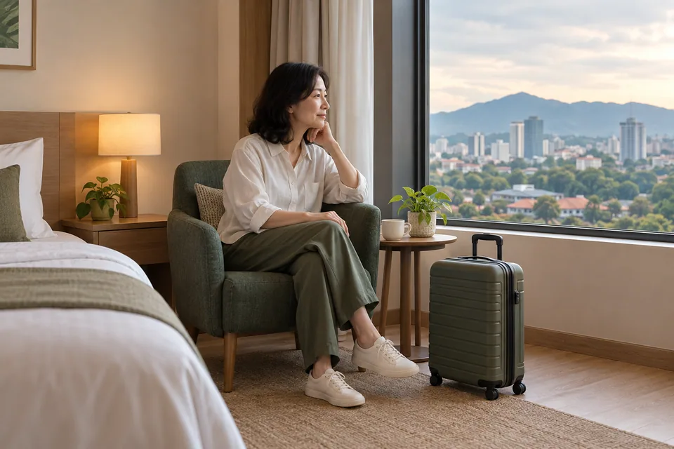 A traveller seated beside a window with luggage nearby.