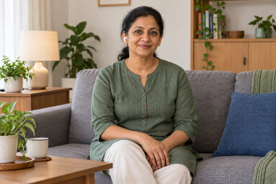 ஒரு காதில் இயர்பட் அணிந்து மற்ற காதைத் திறந்தபடி அமர்ந்திருக்கும் ஒருவர்.