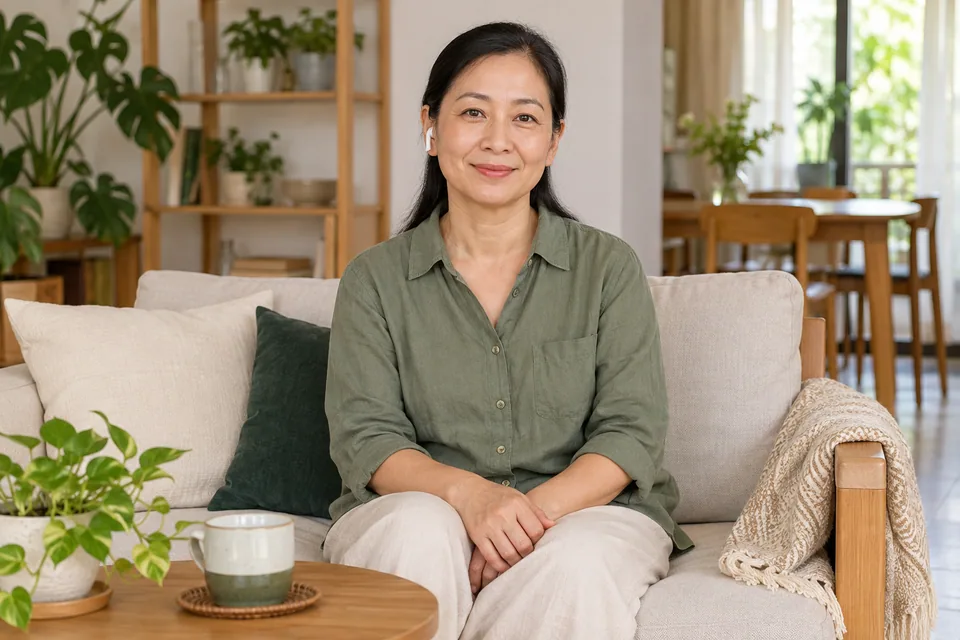 Một phụ nữ ngồi đeo một tai nghe, tai còn lại để trống.